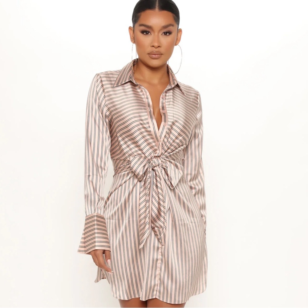 Pale Pink Striped Shirt Dress with Front Tie, Size Large